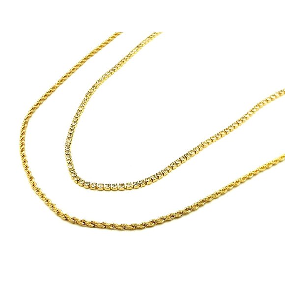 Vintage Style Gold-Tone Double-Layer Necklace With Rope Chain & Rhinestone Chain - Picture 1 of 4